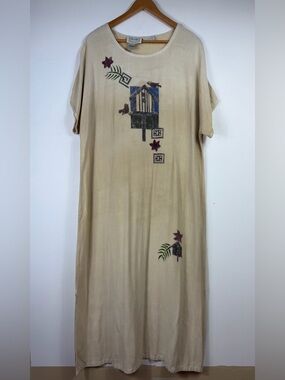 Vtg Country Wear Casuals Rayon Maxi Dress 2X Birdhouse Print Cottagecore Boho